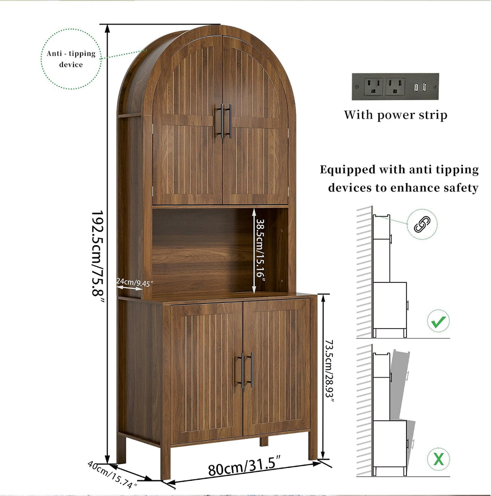 Arched Kitchen Pantry, Large Kitchen Storage Cabinet with Fluted Doors