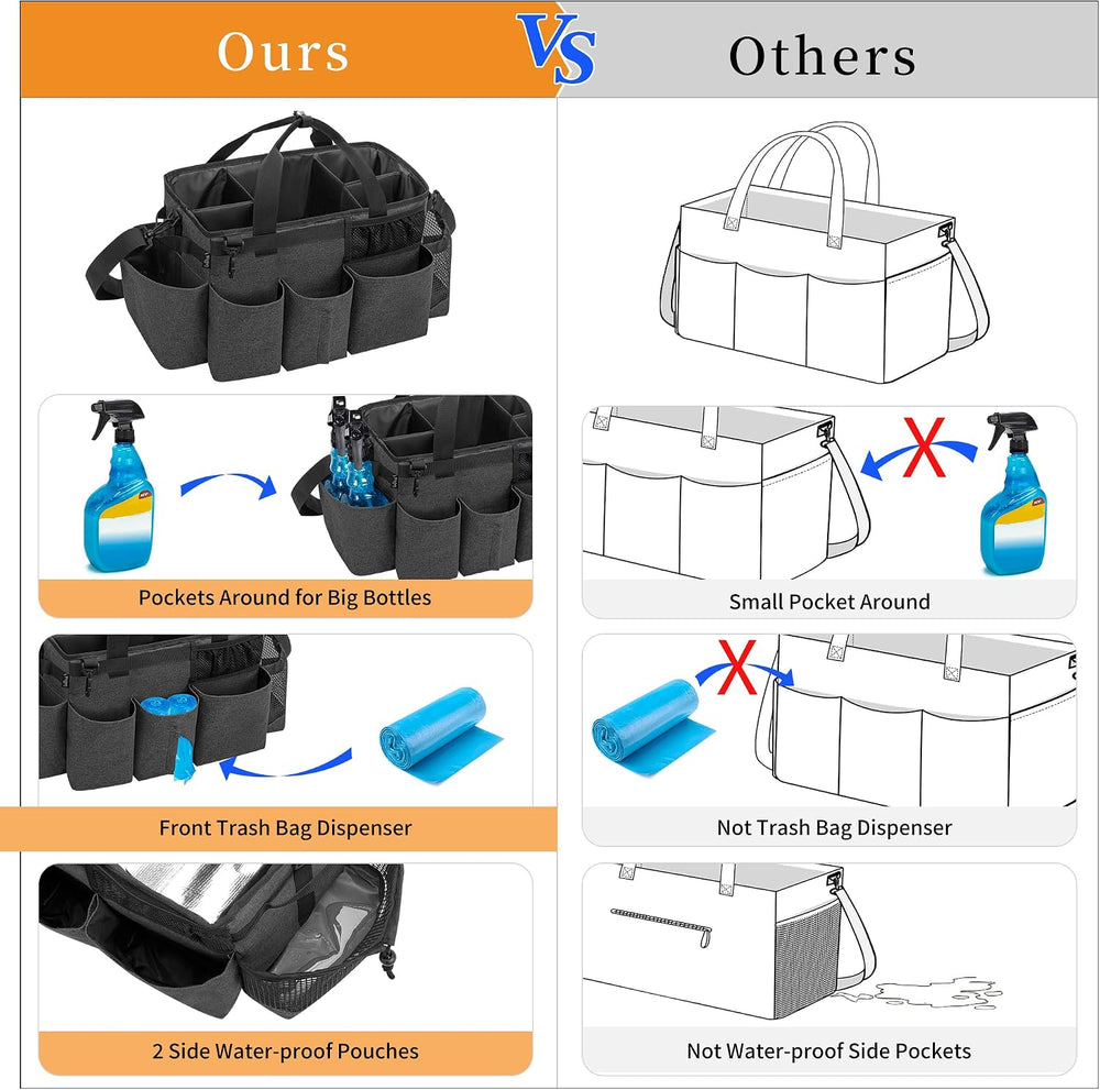 LoDrid Wearable Cleaning Caddy Bag with 4 Foldable Dividers, Black