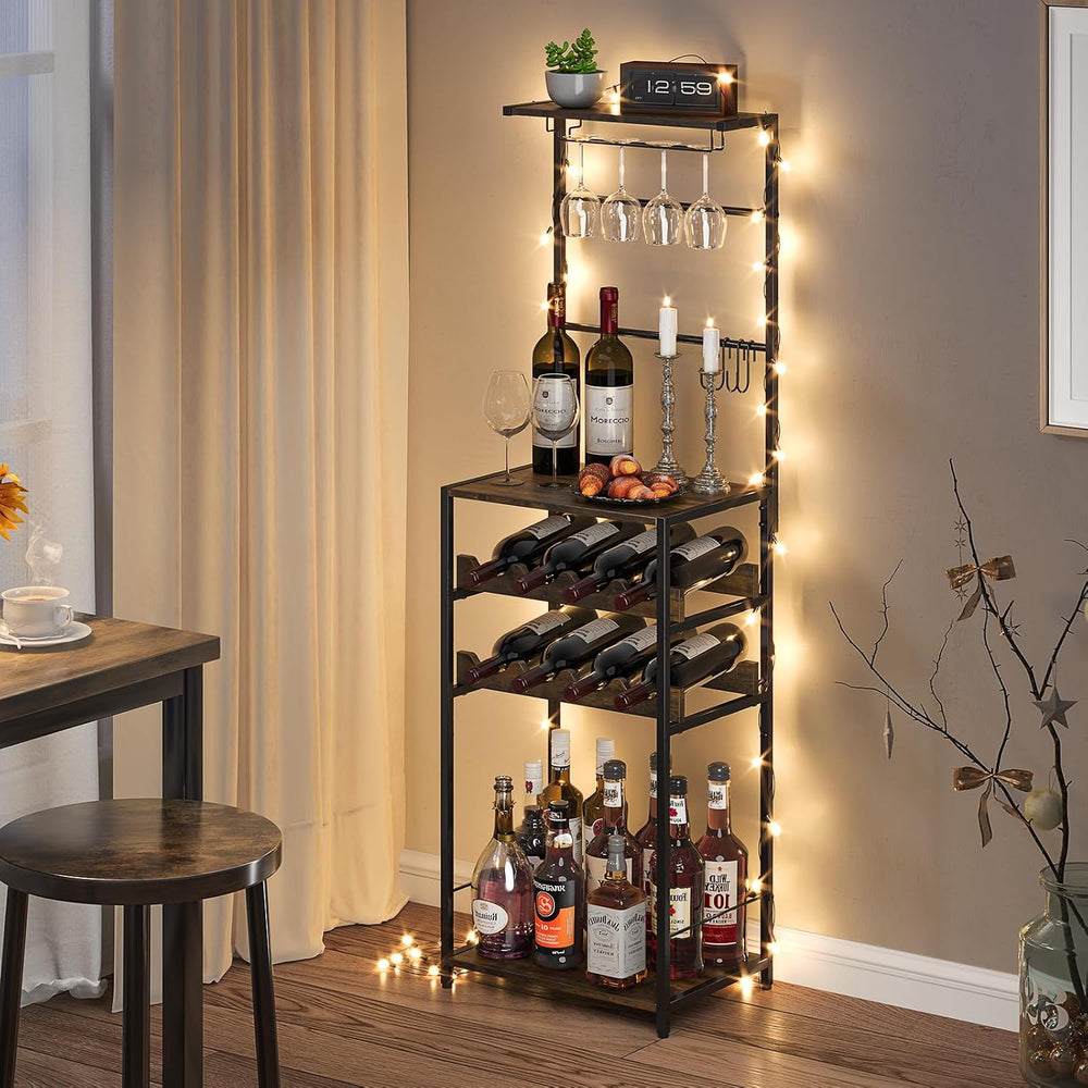 5-Tier Wine Rack Freestanding Floor, Liquor Bar Stand with Glasses Holder and...
