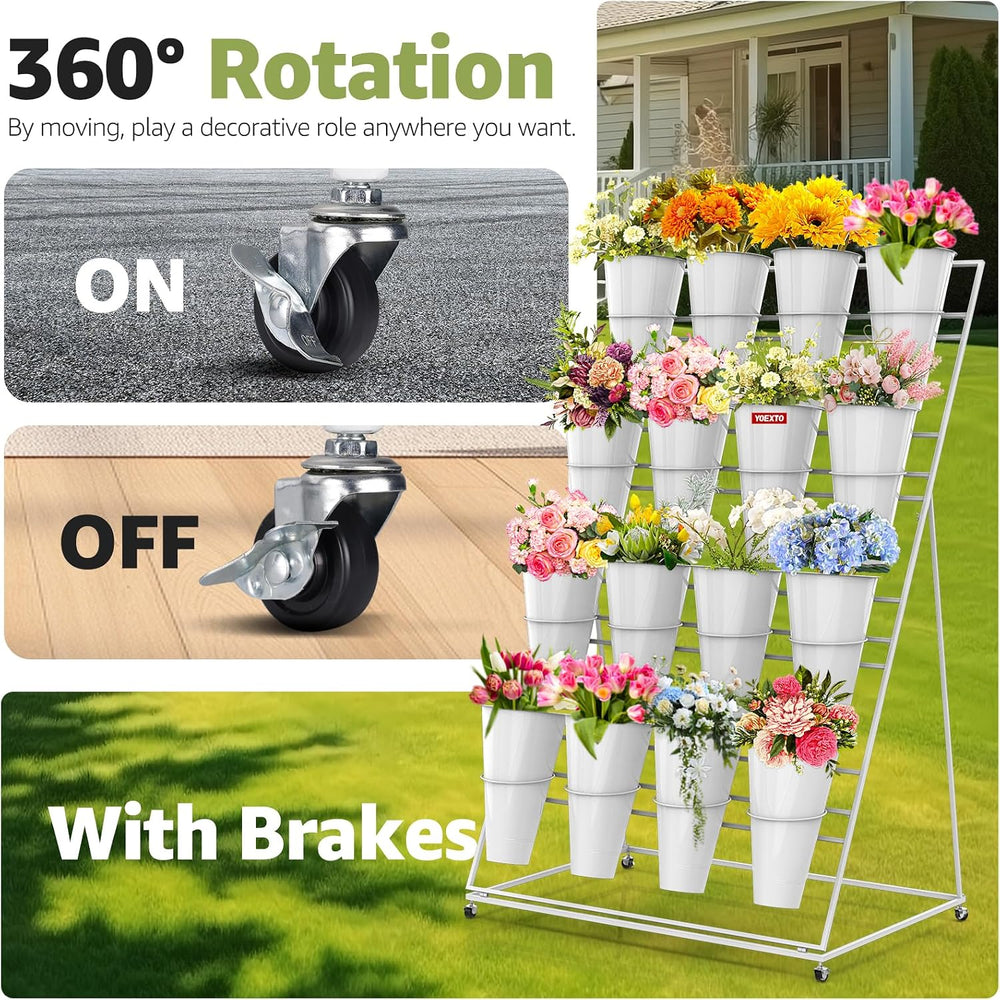 4 Layers Flower Display Stand with Buckets, 16 PCS Buckets Plant Stand with W...