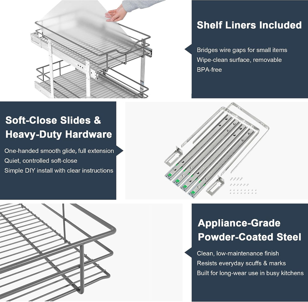 2 Tier Pull Out Cabinet Organizer - 11" W x 22" D Soft Close Slide ...