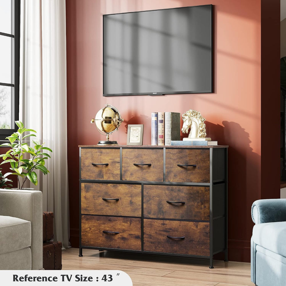 WLIVE Dresser for Bedroom, 7 Drawers, TV Stand, Rustic Brown Wood Grain