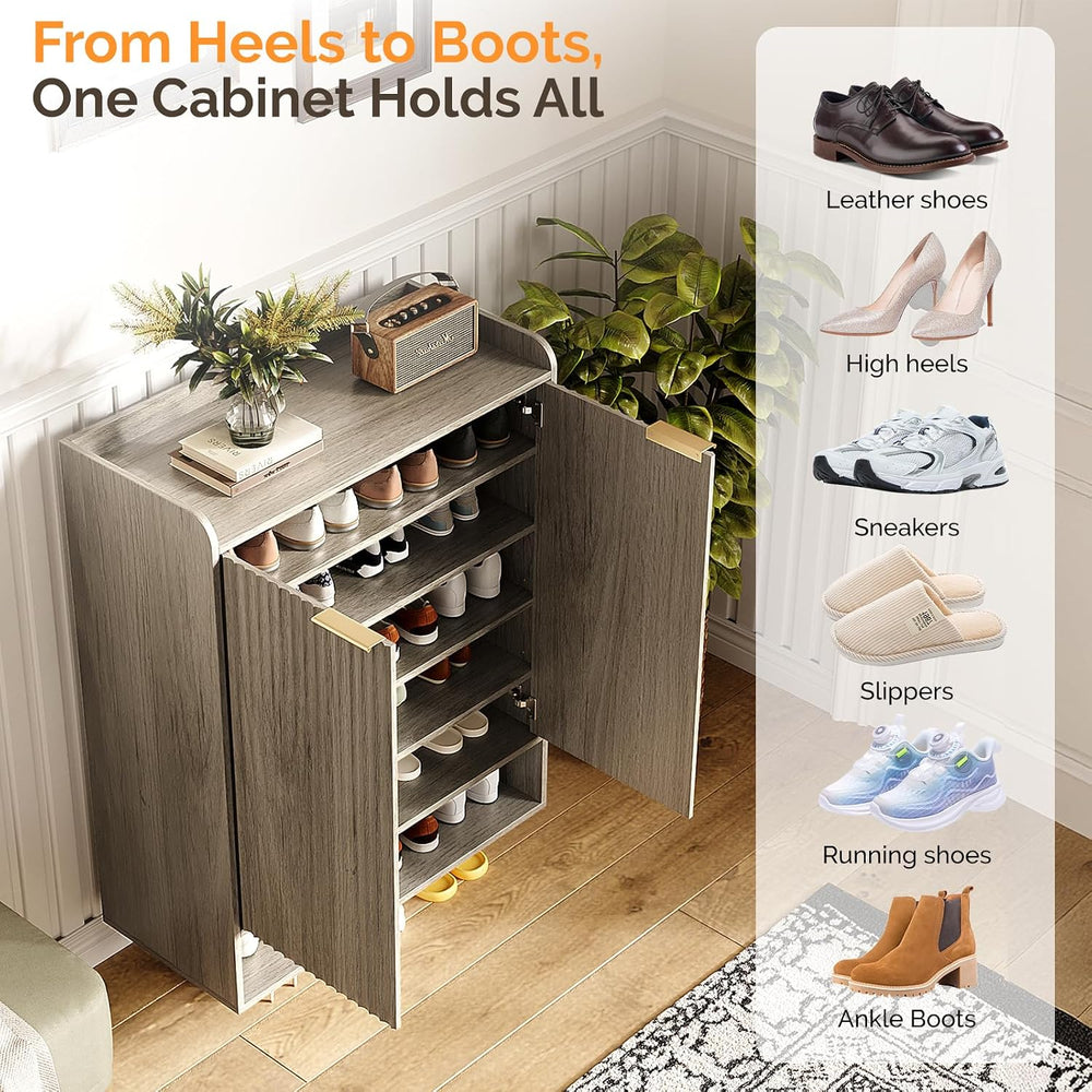 VINGLI Shoe Cabinet with Fluted Doors, 6 Tier Large Wooden Entryway Shoe Stor...