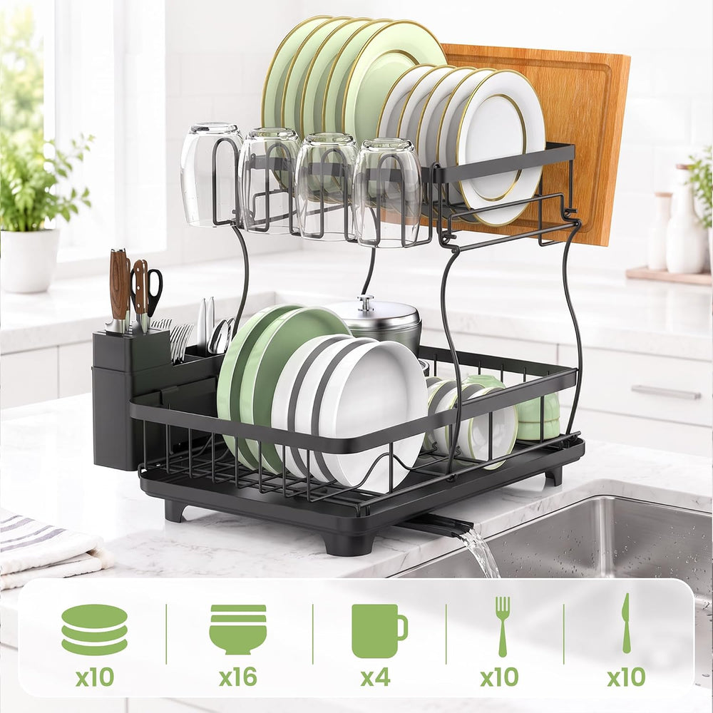 2-Tier Large Dish Drying Rack for Kitchen Counter, Black