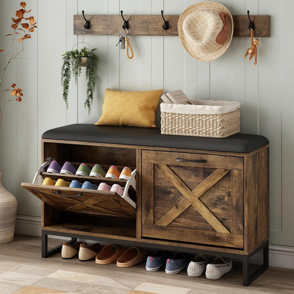 Maupvit Shoe Cabinet with 2 Flip Drawers & Coat Rack, Shoe Storage Bench ...