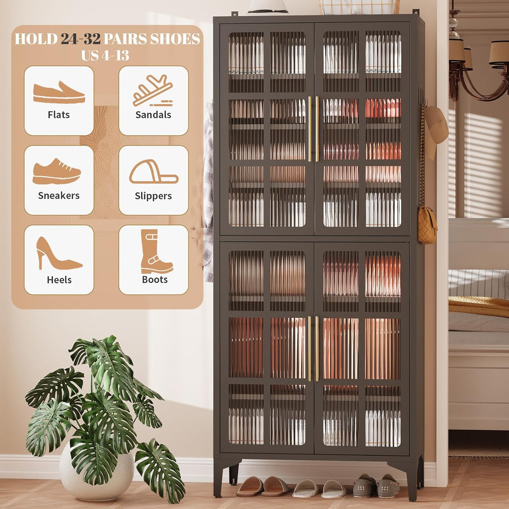 8-Tier 65" Tall Metal Shoe Cabinet with 4 Acrylic Doors
