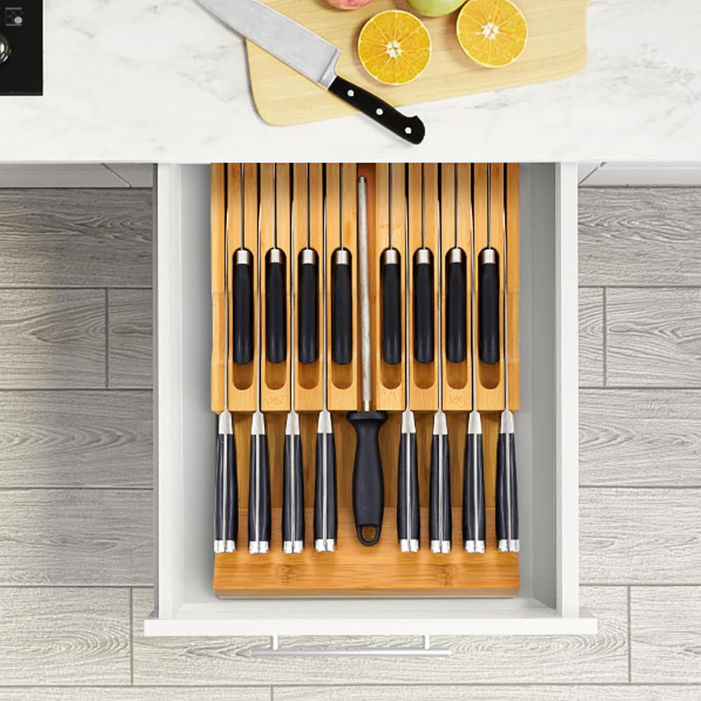 VaeFae In-Drawer Knife Block,Bamboo Knife Drawer Organizer Insert, Kitchen Kn...
