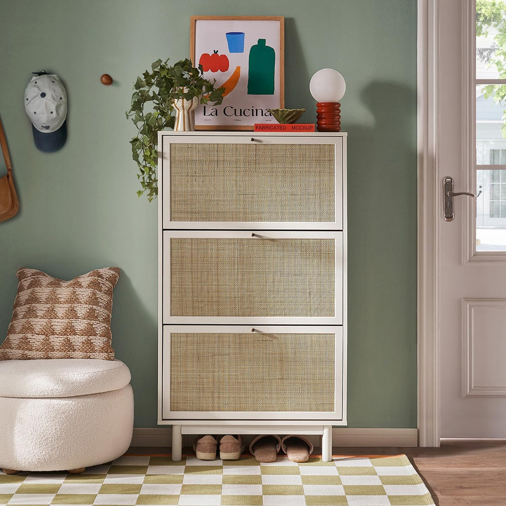 mopio Hannah Shoe Cabinet, Natural Rattan Farmhouse Shoe Storage Organizer, 3...