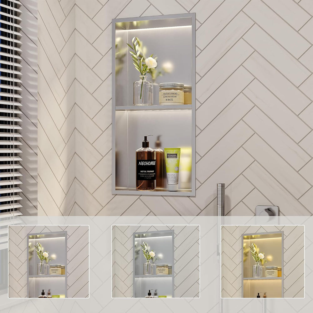 Brushed 2-Tier 3 CCT LED Niche, 12"x24" No-Tile Shower Storage
