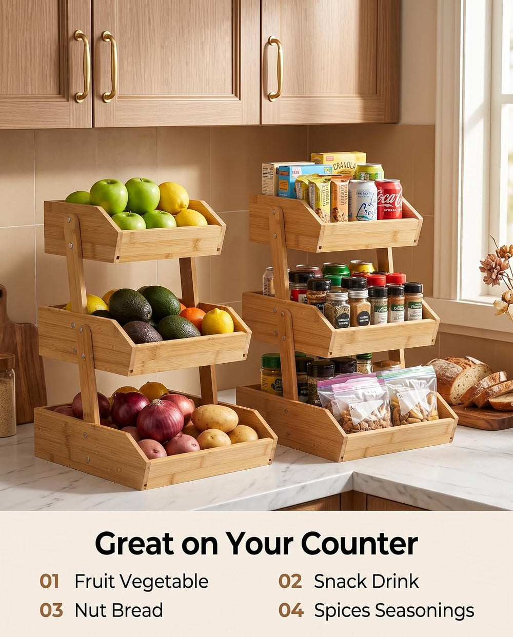 DEKAVA 3 Tier Bamboo Fruit and Vegetable Basket for Kitchen Counter