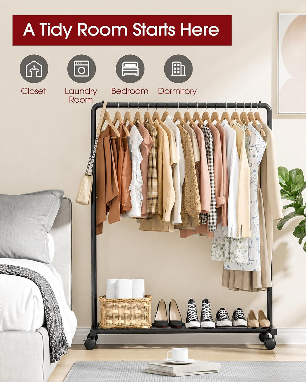 Sakugi Clothes Rack - Clothing Rack with Storage Mesh Shelf & Casters, He...