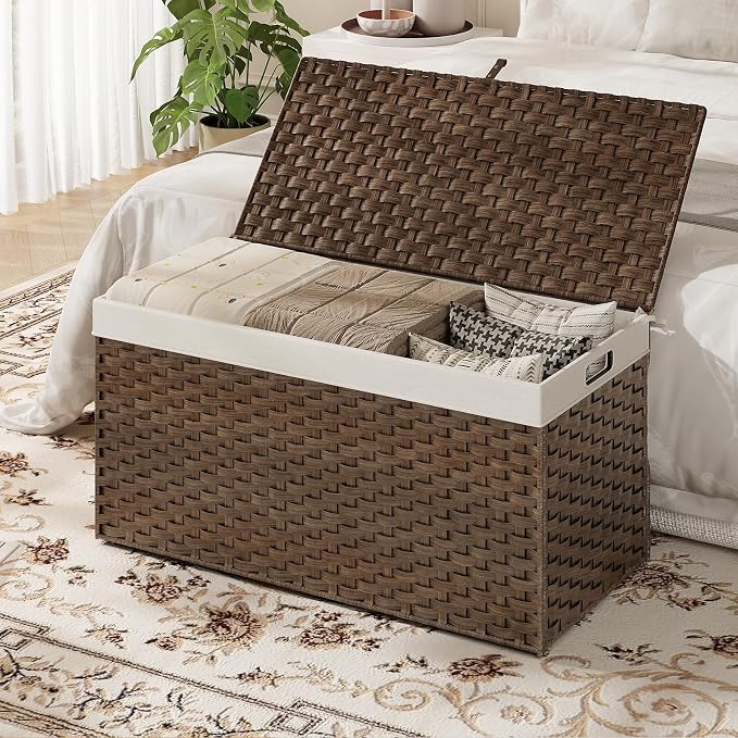 HOOBRO Storage Basket with Lid, 52.8 Gallon Wicker Basket, Handwoven Blanket