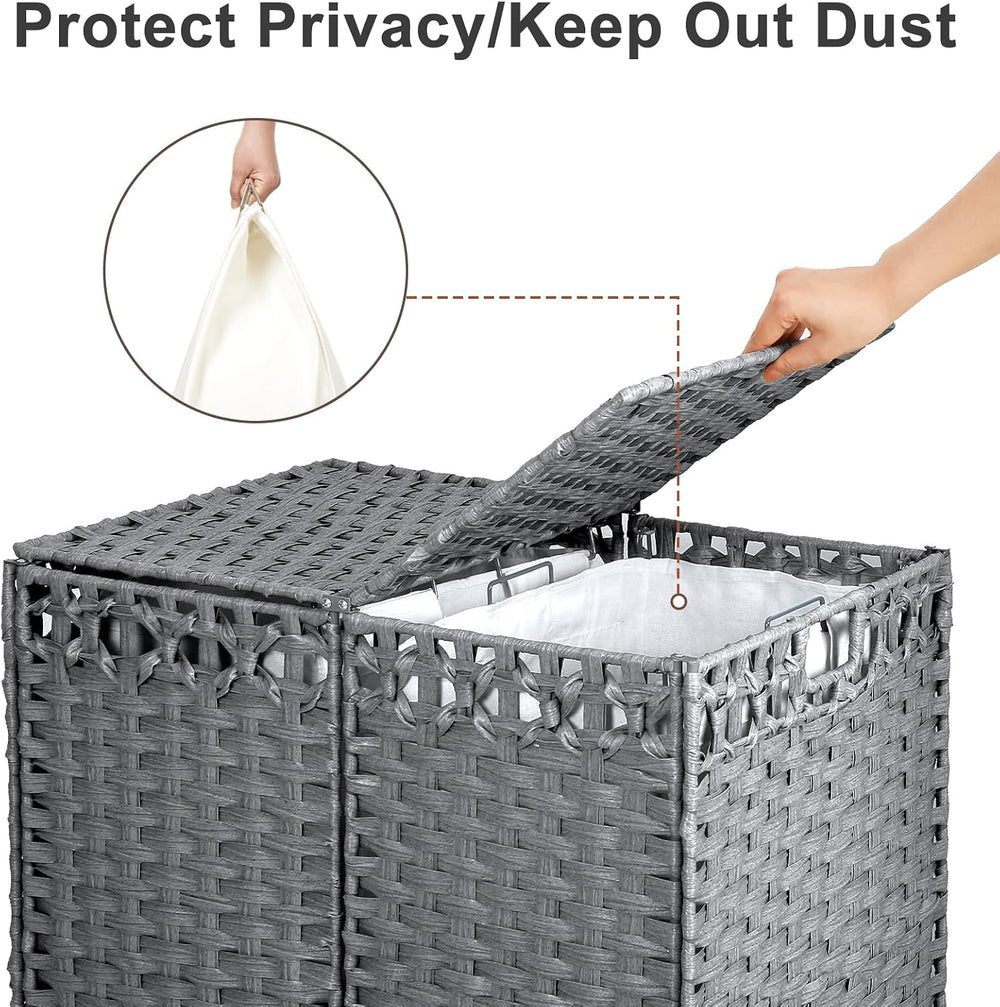 170L Foldable Laundry Hamper with Lid - Handwoven Rattan Storage Basket, 2-Se...