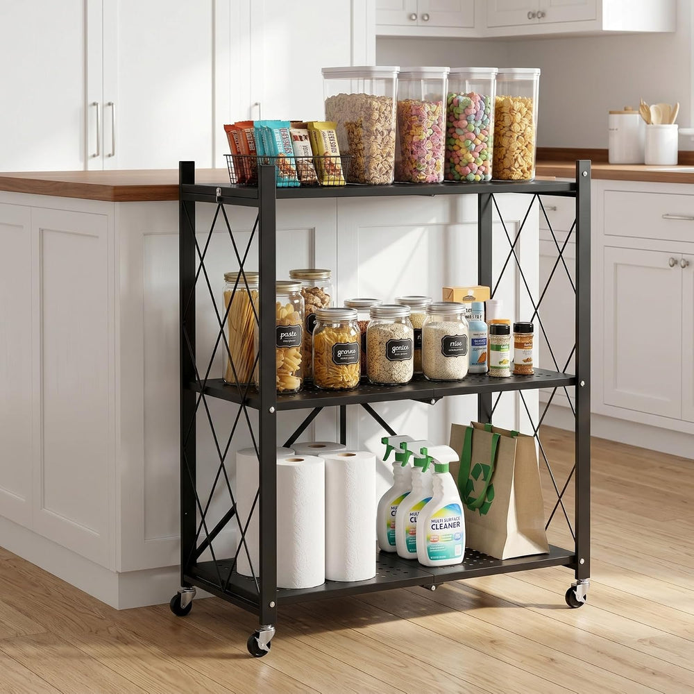 3-Tier Foldable Storage Shelves with Wheels (Black)