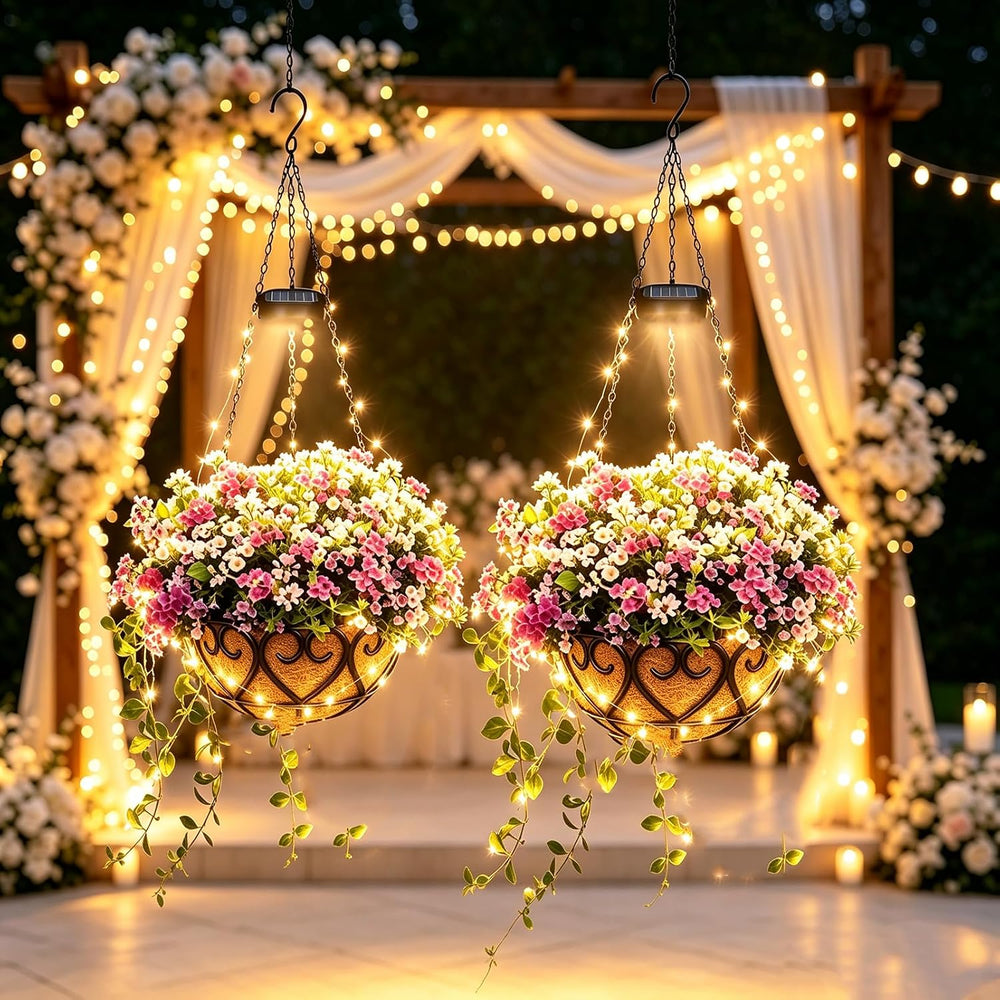 2 Pack 10 Inch Solar Hanging Flower Basket with LED String Lights
