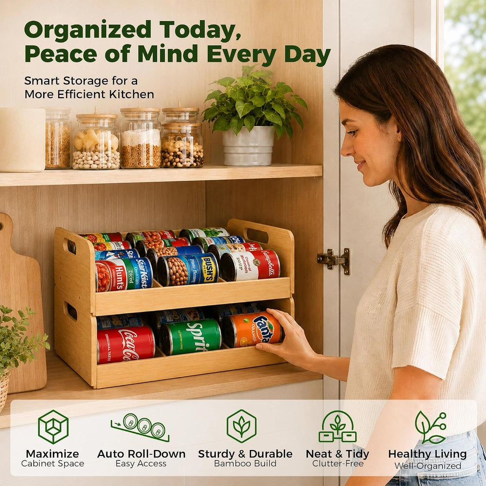 MinBoo EcoLyfe Bamboo Stackable Can Organizer 2-Tier Gravity Food Dispenser