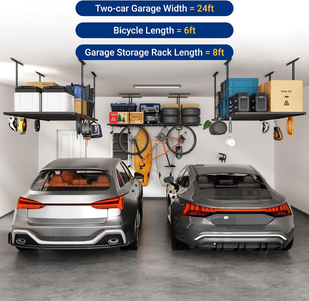 FLEXIMOUNTS 4x8 Overhead Garage Ceiling Storage Rack with 6 Hooks, Black