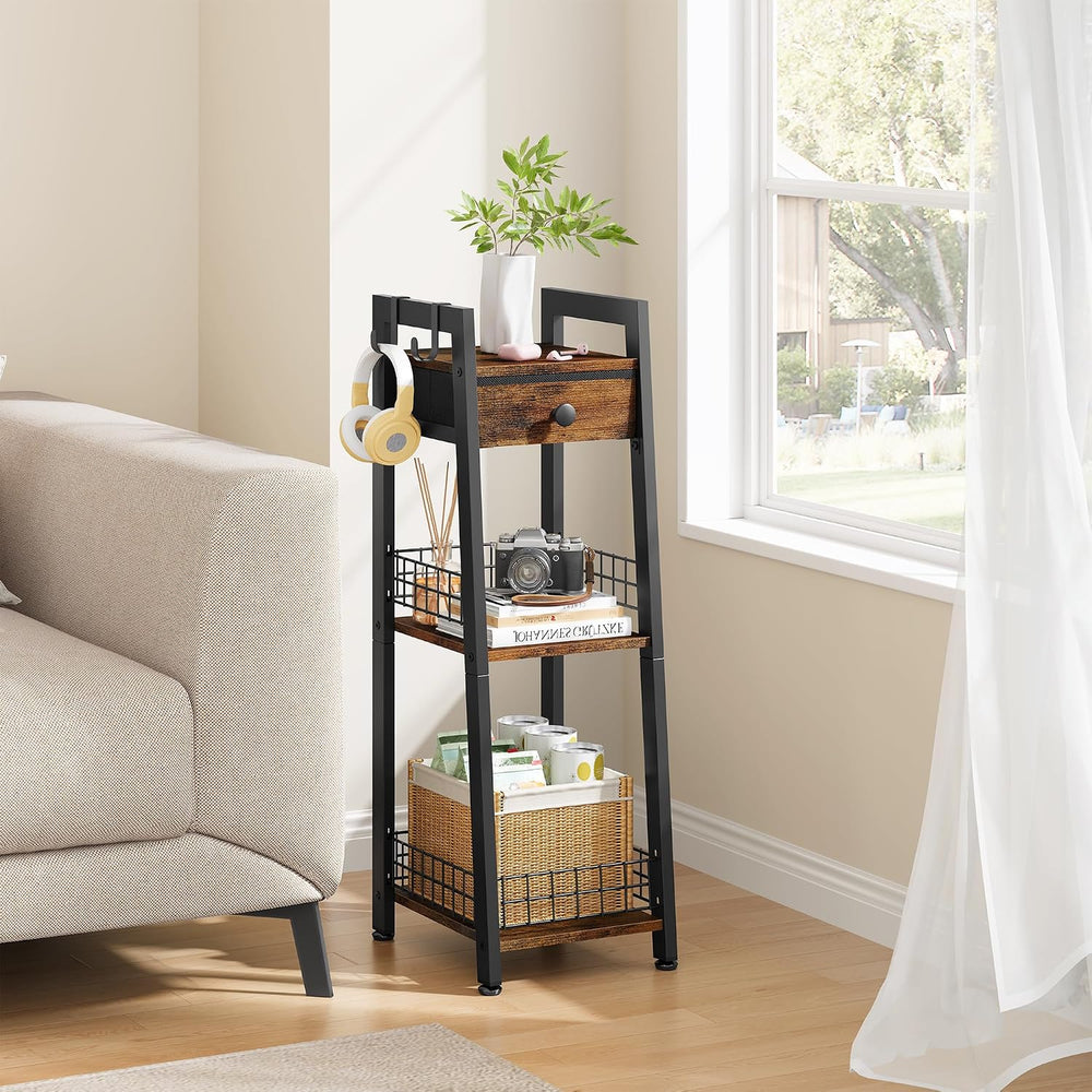 Narrow Bathroom Ladder Shelf with Drawer, 3-Tier, Rustic Brown