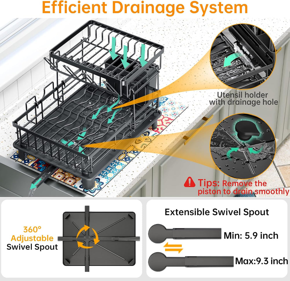 2 Tier Large Detachable Dish Drying Rack for Kitchen Counter,Black