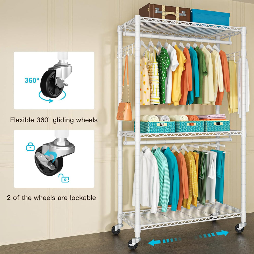 P1 Heavy Duty Garment Rack, 3 Tiers Adjustable Rolling Metal Closet