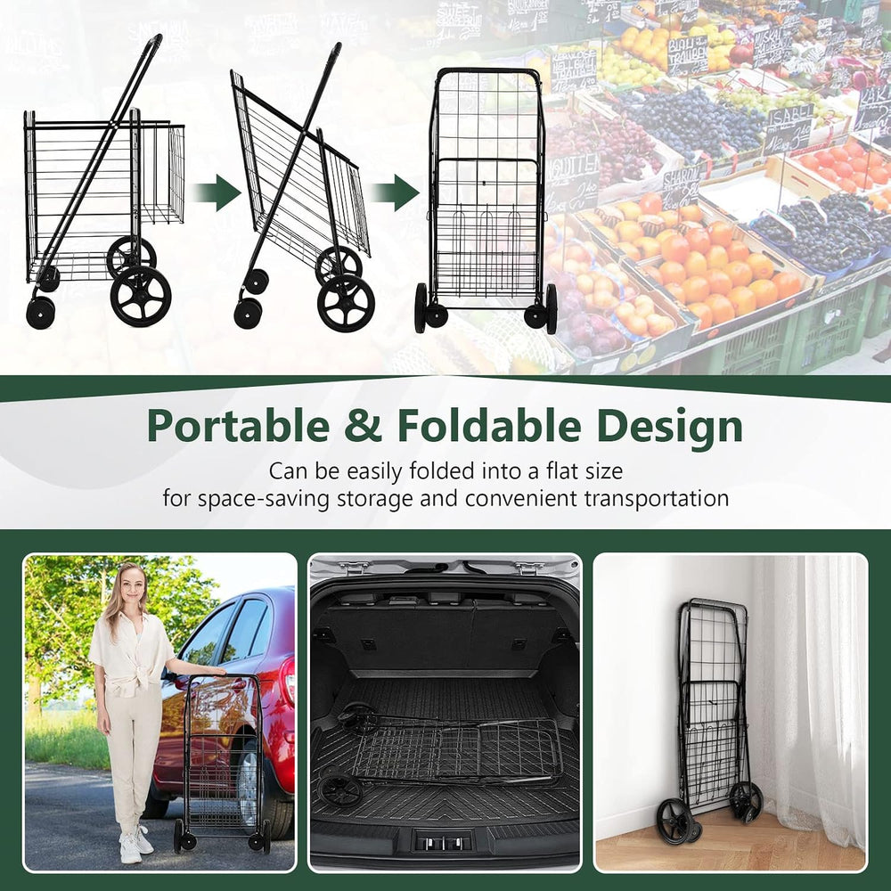 Goplus Jumbo Folding Shopping Cart with Rolling Swivel Wheels, Foldable Groce...