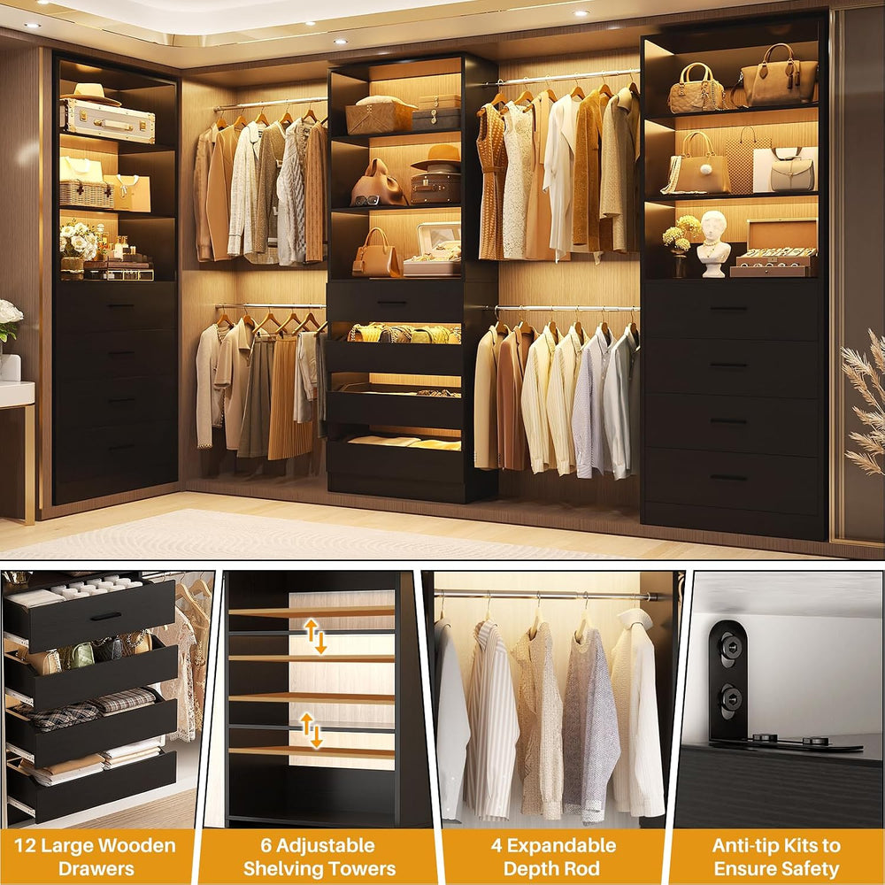 Aheaplus Closet System with 12 Drawers, 8.5-11.5Ft Closet Organizer System