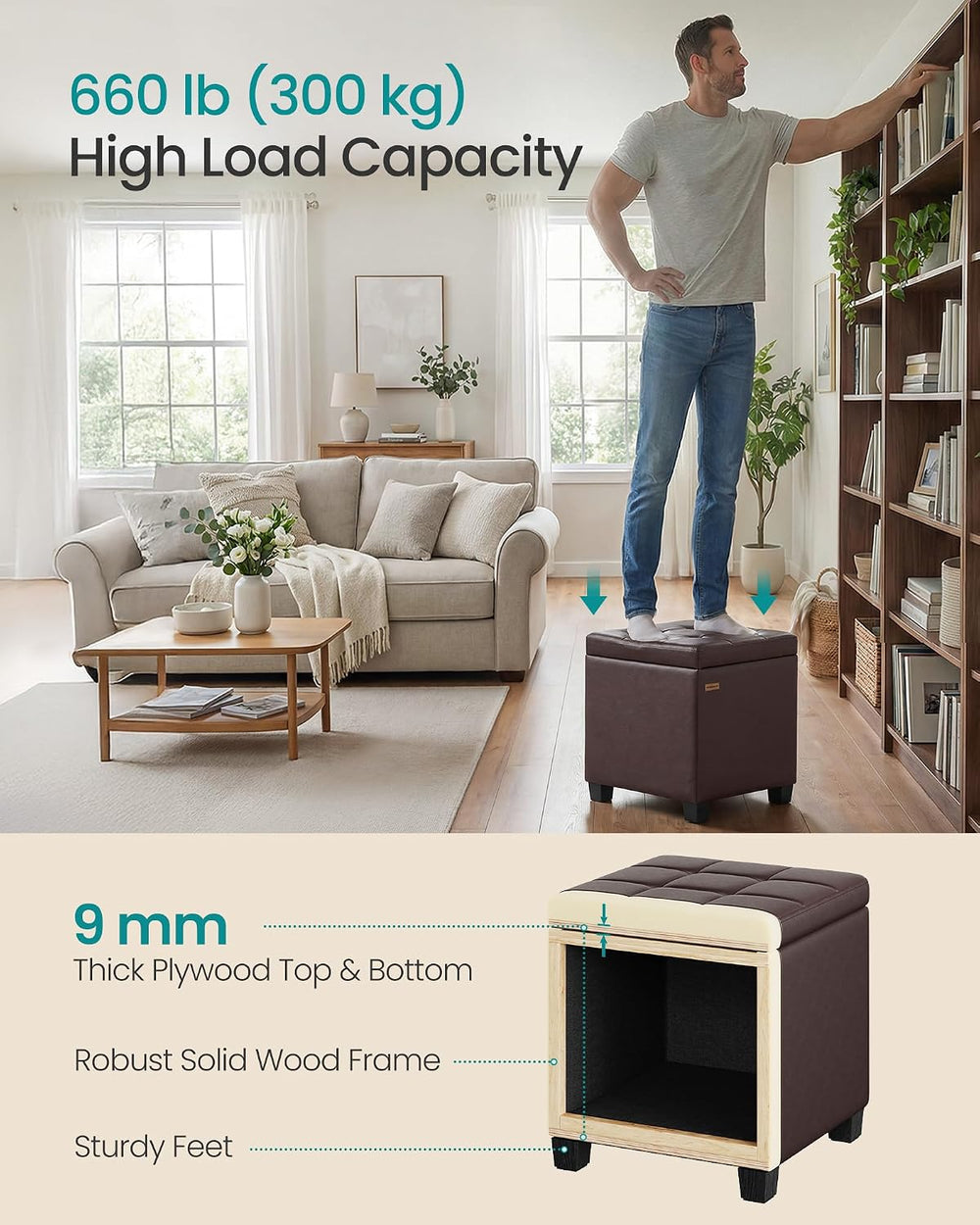 SONGMICS Square Storage Ottoman with Hinged Lid, 16.9 x 16.9 x 18.1 Inches