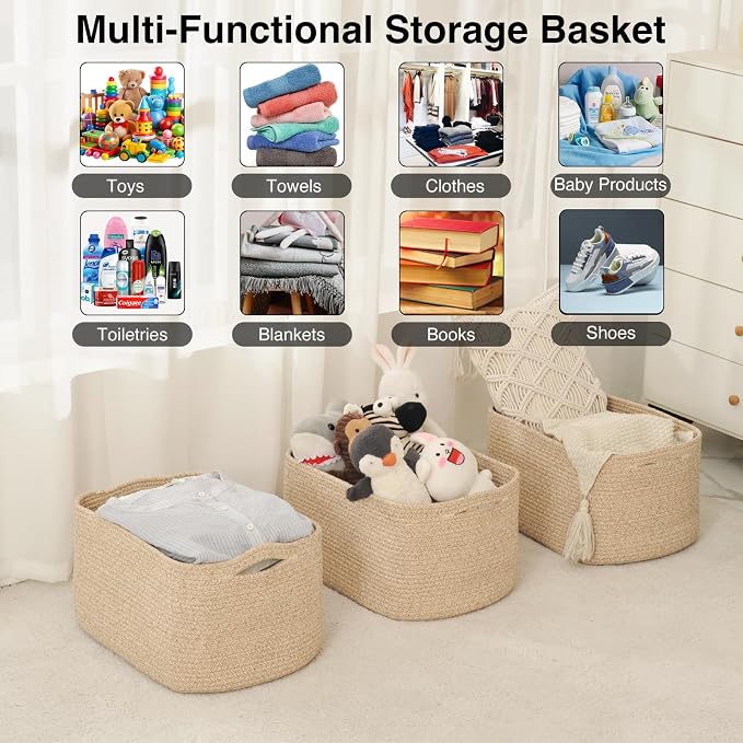 Large Storage Baskets for Organizing Shelves, Woven Cotton Rope Bins for Baby...