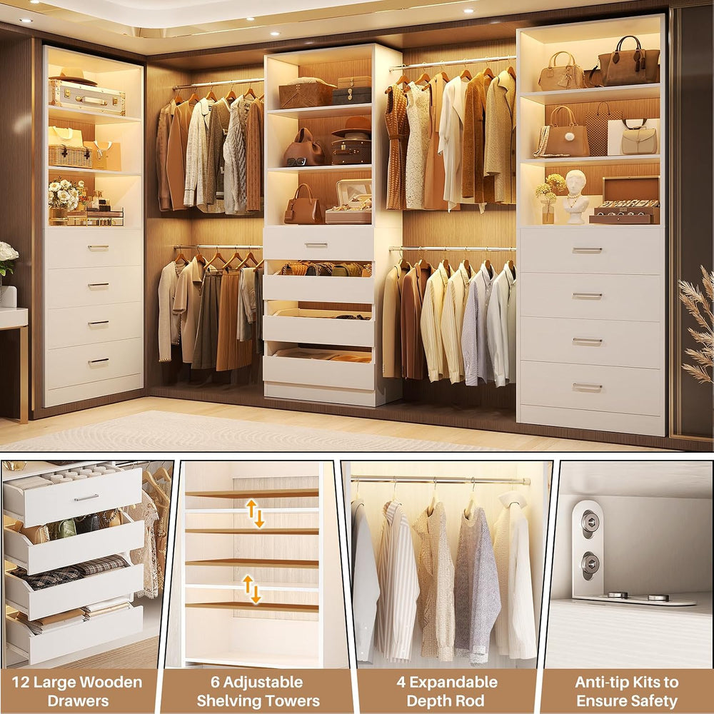 Aheaplus Closet System with 12 Drawers, 8.5-11.5Ft Wood Closet Organizer