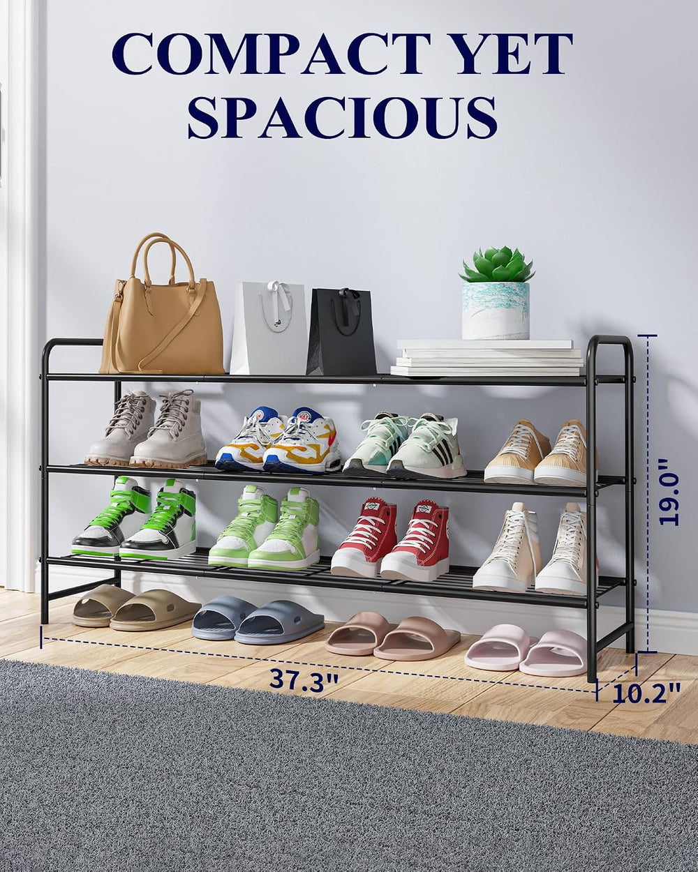 Kitsure Stainless Steel Shoe Rack Organizer, 37.3" Wide - 3 Tier, Black