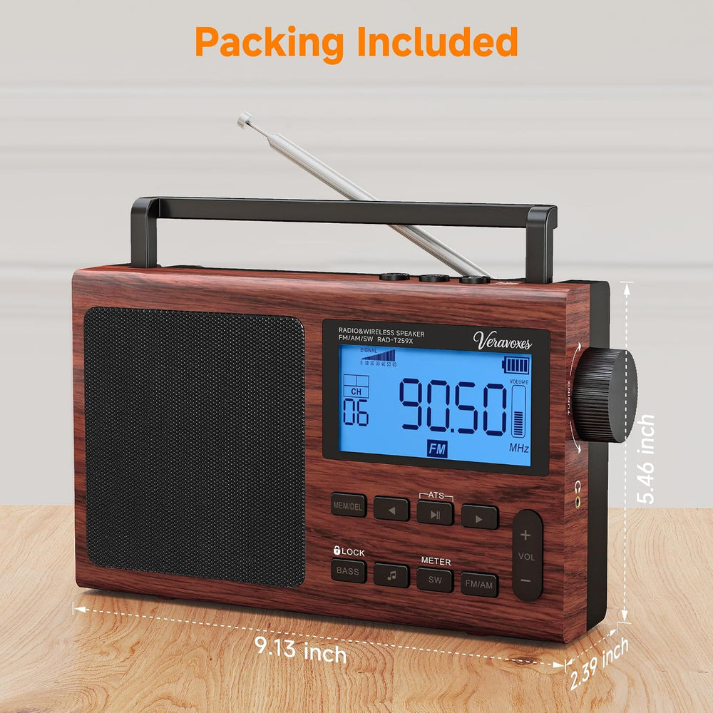 Portable Bluetooth AM FM Shortwave Radio AC & Battery Powered