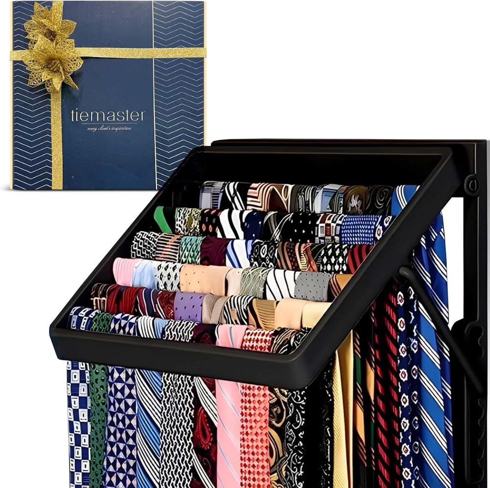 TieMaster Wall Mounted Tie Rack and Scarf Organizer with 5 Belt Hooks