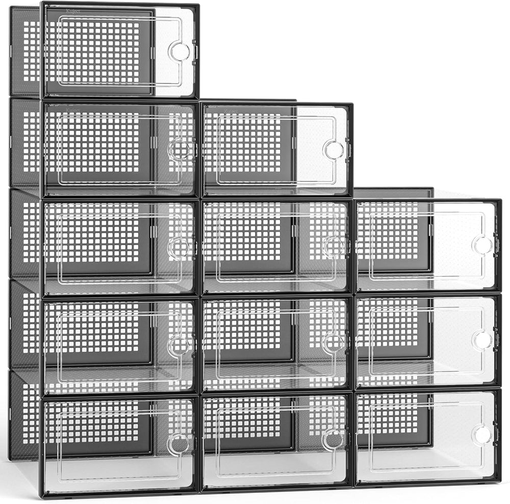 Kuject 12 Pack Large Shoe Boxes, Clear Stackable Containers with Lids,Black