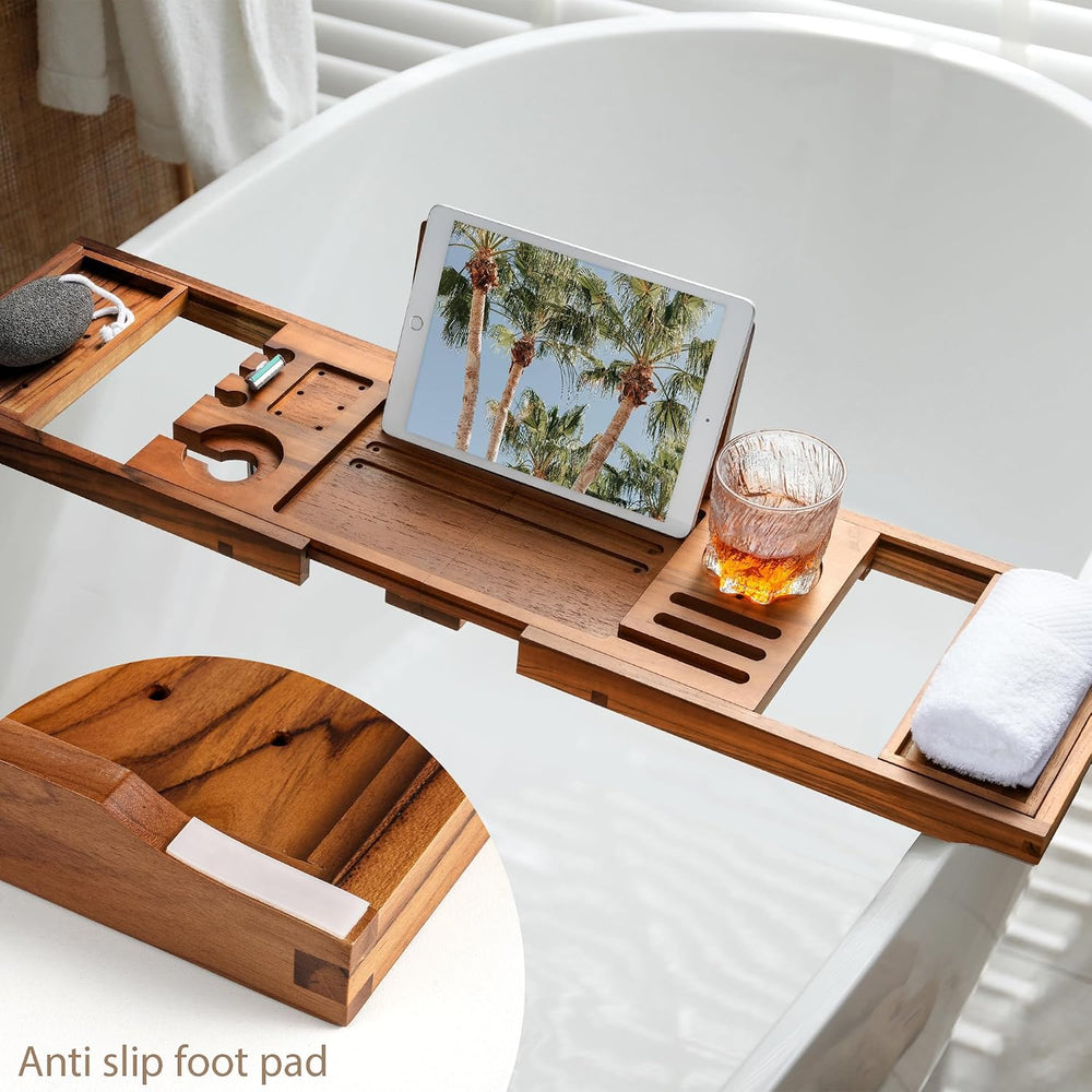 Teak Bathtub Tray, Adjustable Wood Bath Organizer Caddy