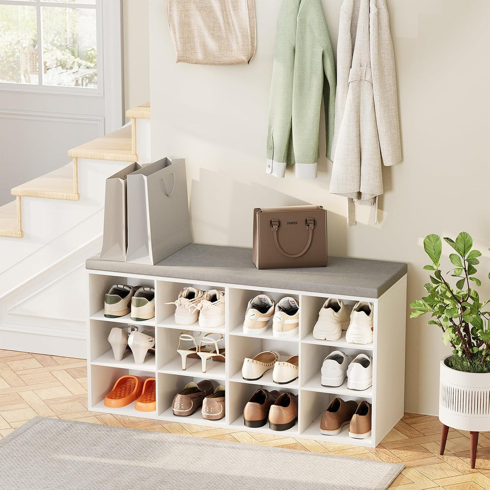 Aenuert 12-Cubby Shoe Rack with Cushion, 3-Tier Wood Shoe Organizer, Multifun...