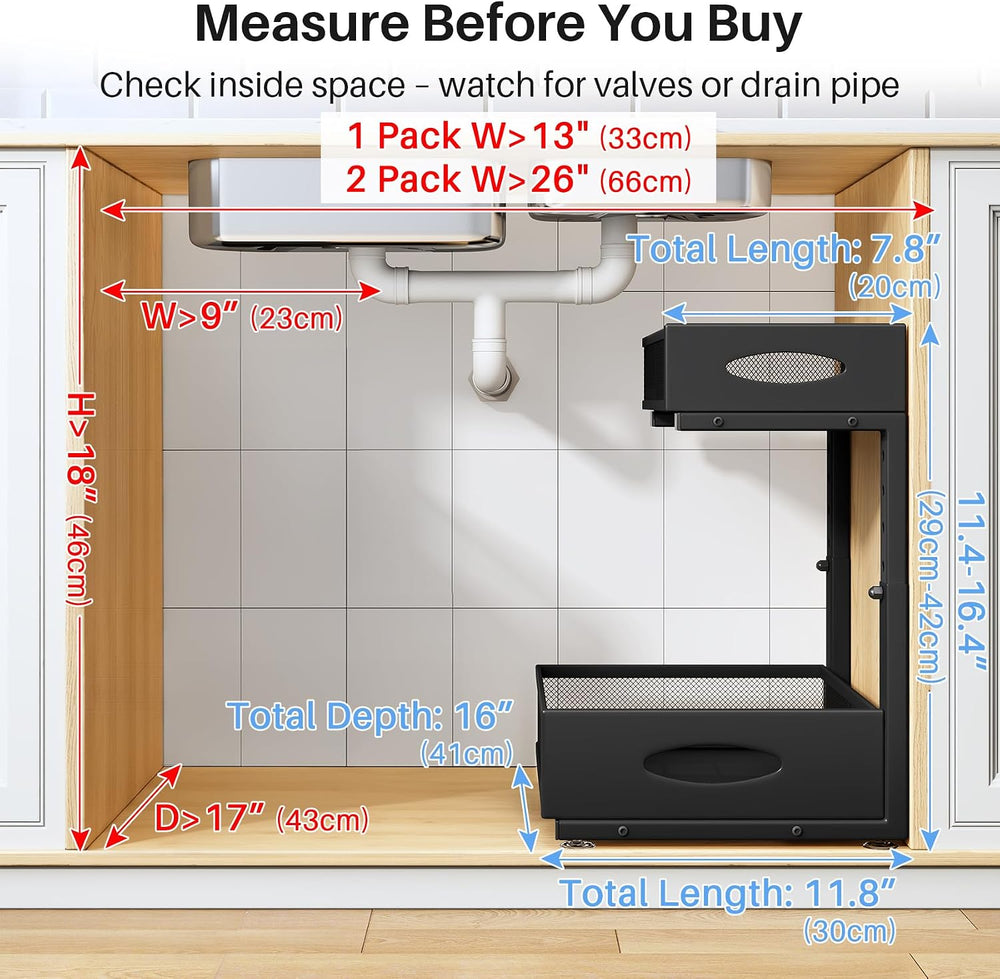 Under Sink Organizer, 2 Pack 2 Tier Pull Out Under Cabinet Organizer Shelf wi...