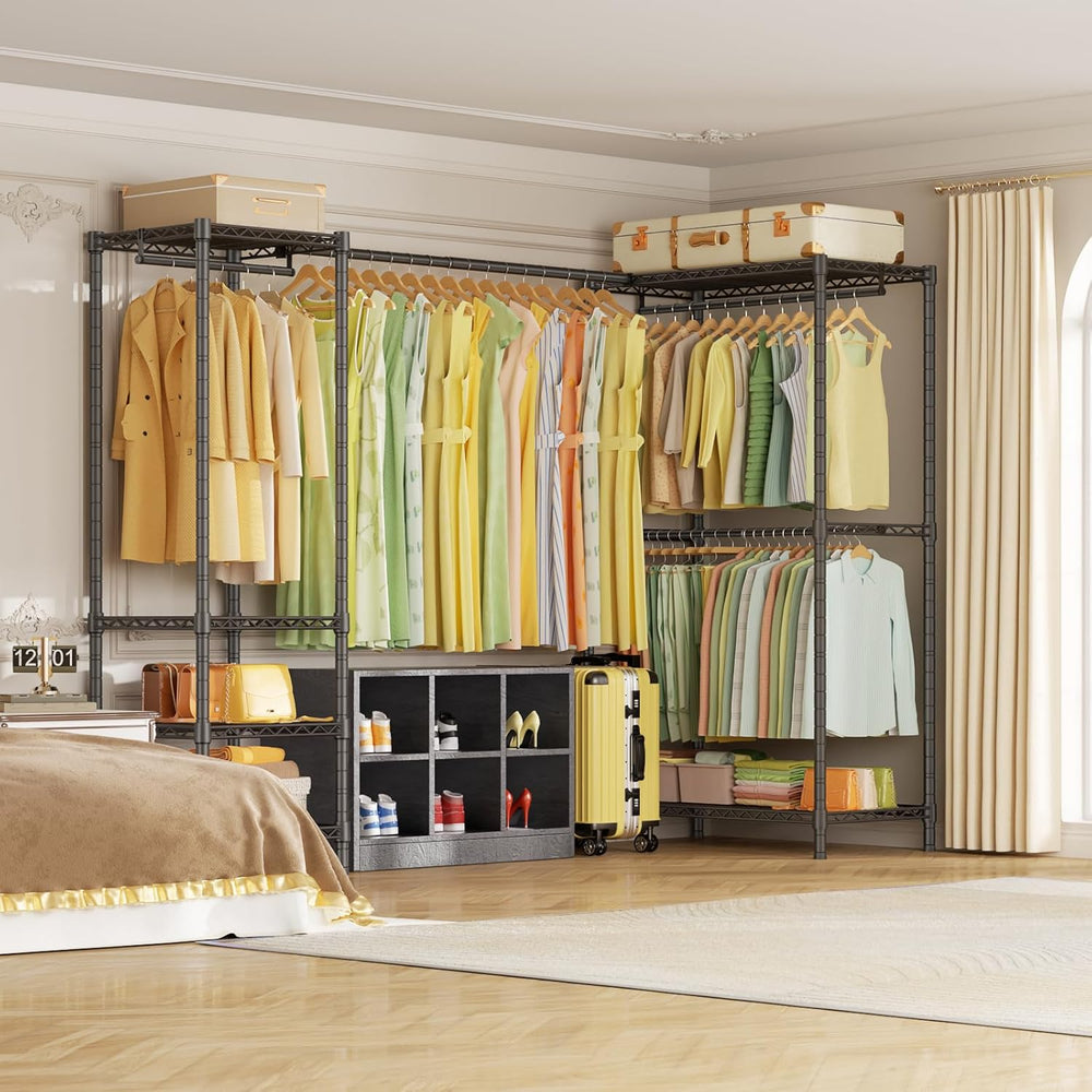 ULIFHOME E10L L-Shaped Clothes Rack for Corner（With Expandable Hanger Rod）Hea...
