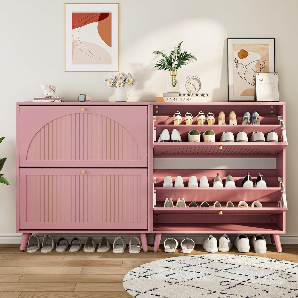 Fsbecl Shoe Storage Cabinet for Entryway with 2 Fluted Flip Drawers, Pink