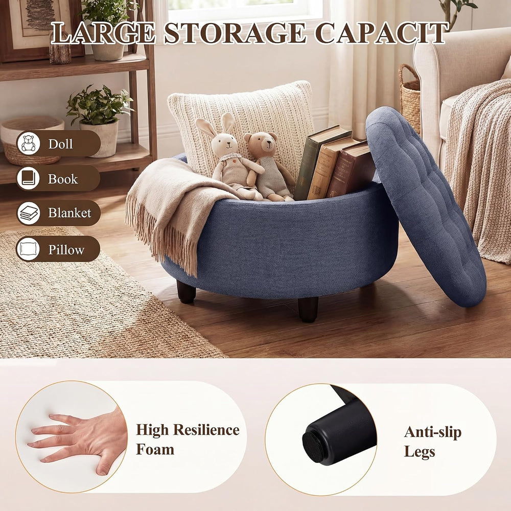 COLAMY Fabric Round Storage Ottoman with Reversible Tray Lid – Multi-Function...