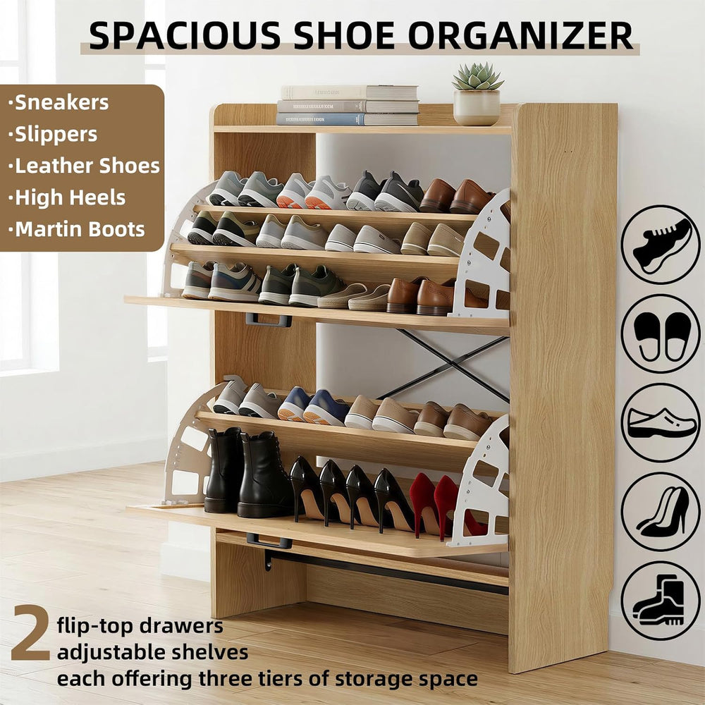 Shoe Storage Cabinet for Entryway, 2 Flip Drawers with 3-Tier Rack Each, 6-La...