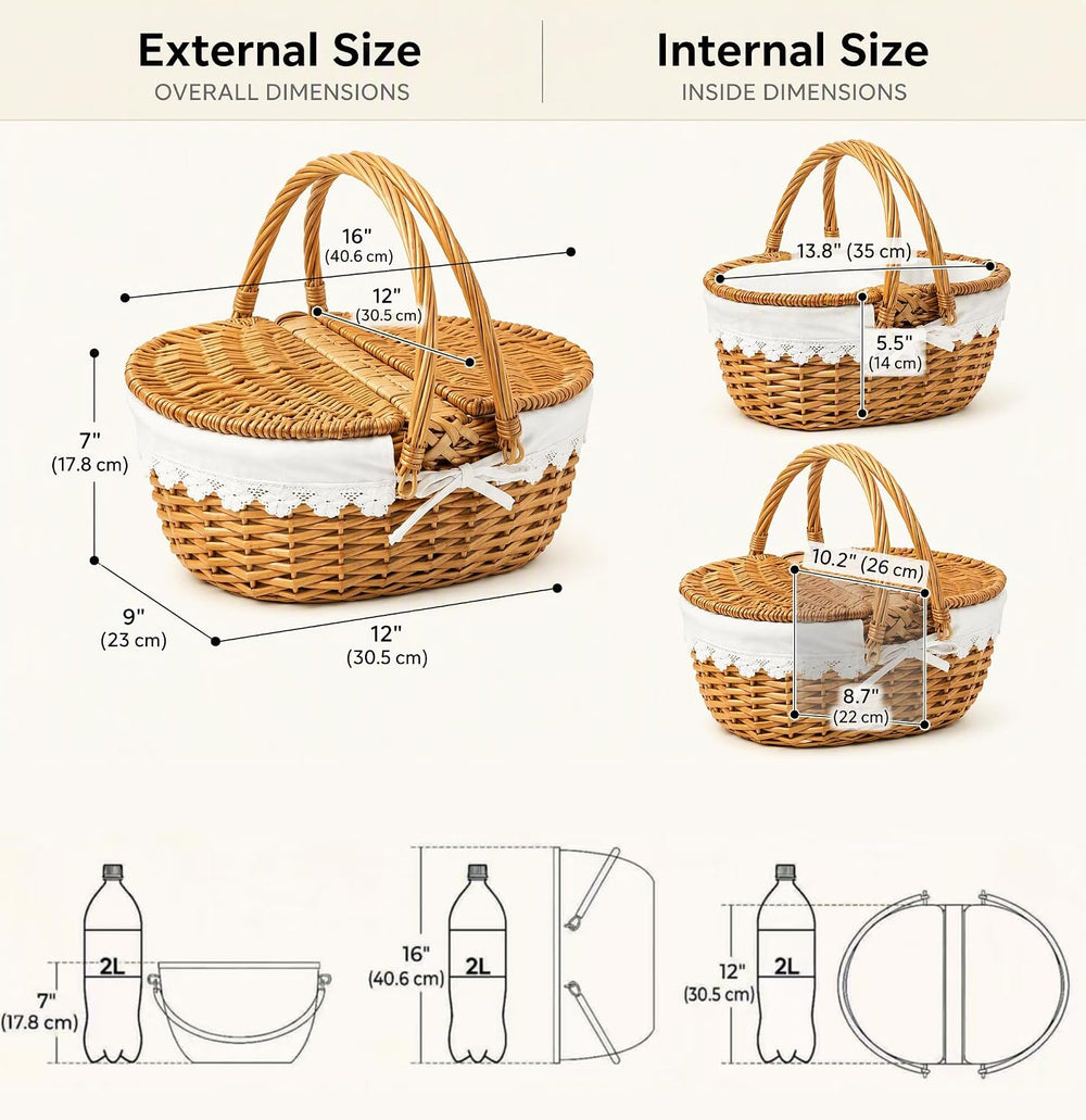 Picnic Wicker Basket with & Handles for Outdoor Camping, White
