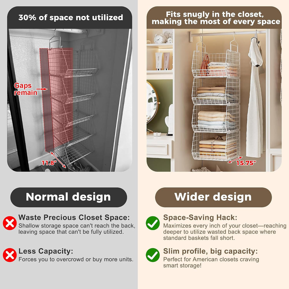 4" Extra Deeper Foldable Hanging Closet Organizer, Small Wire Cabinet Sh...