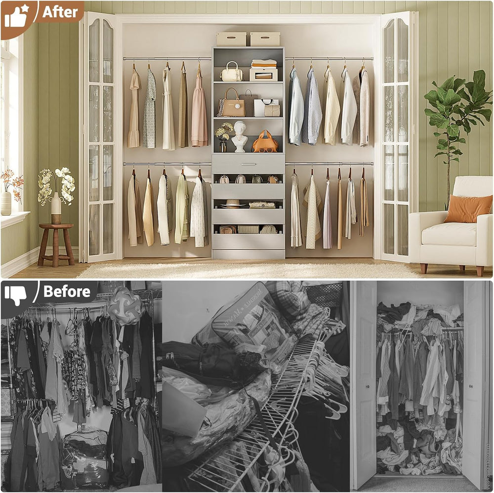 Aheaplus Closet System, 4-9Ft Closet Organizer with 4 Wooden Drawers, Grey
