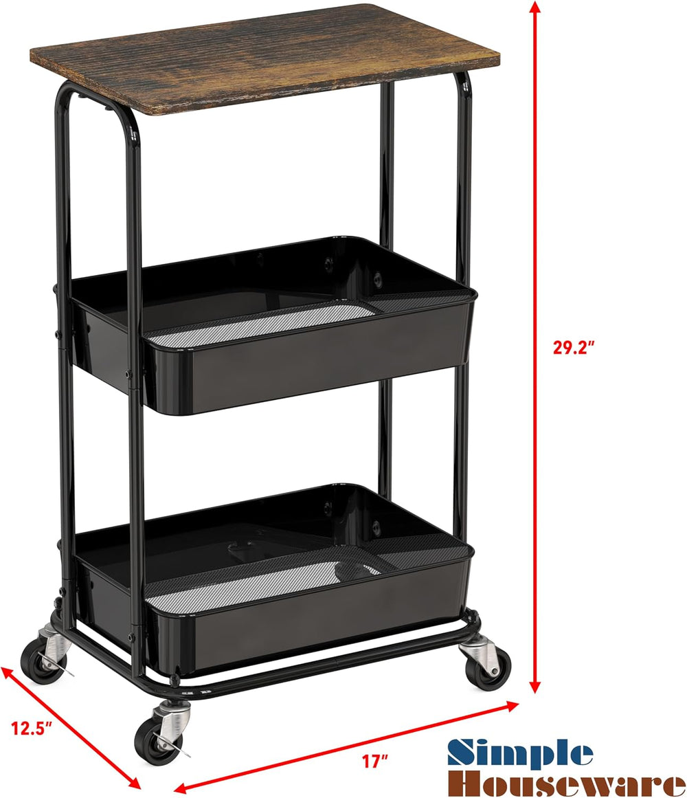 Simple Houseware 2-Tier Utility Cart Wood Top/Lockable Wheel, Rustic Brown