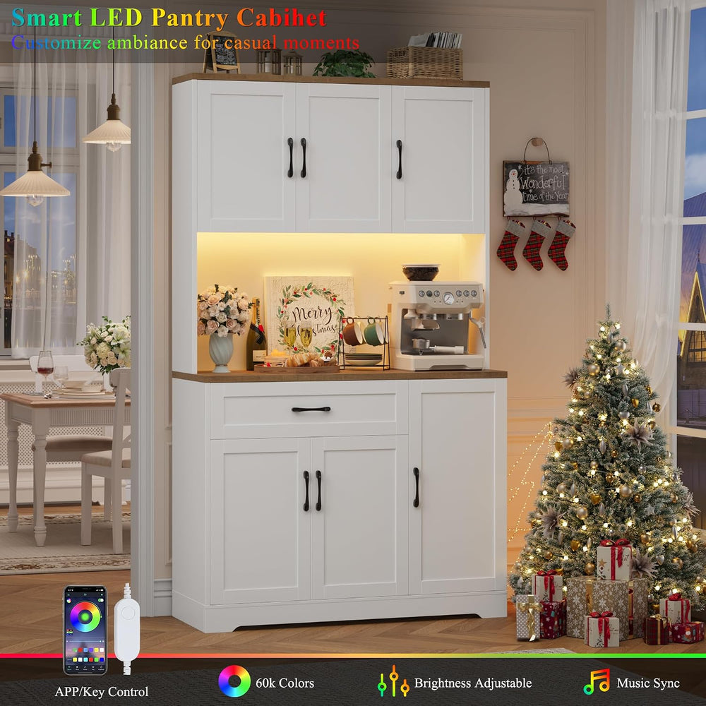 71'' Tall LED Kitchen Pantry Cabinet with Power Outlet & Door Rac...
