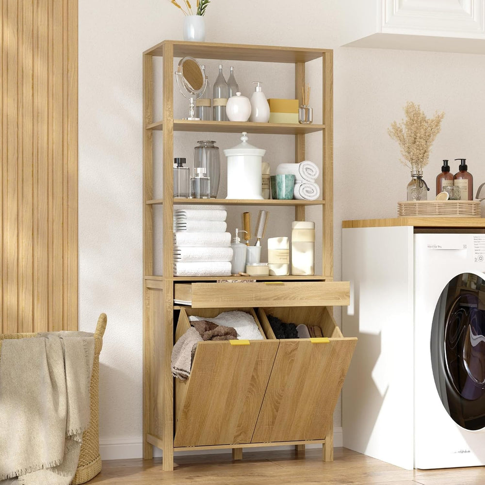 Double Tilt Out Laundry Hamper with Drawer, Hidden Laundry Hamper Cabinet wit...