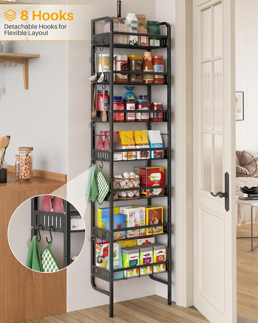 7 Tier Metal Tall Narrow Storage Shelf with Hooks