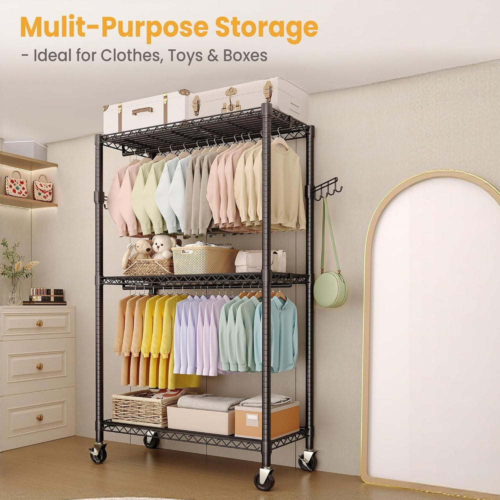Garvee 3 Tier Clothes Rack with Wheels, Adjustable Shelves & 2 Hanging Ro...