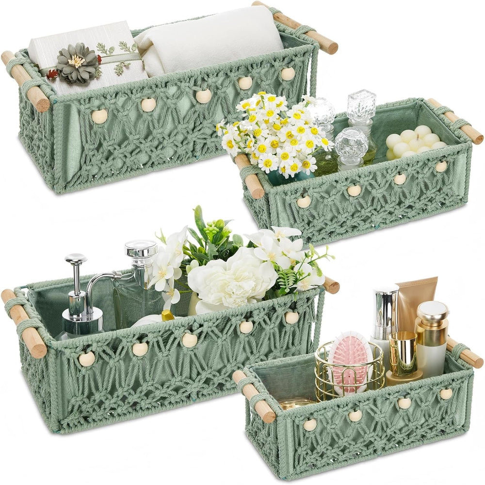 Vesici 4 Pcs Sage Green Macrame Storage Baskets Shelves 13" 11" Woo...