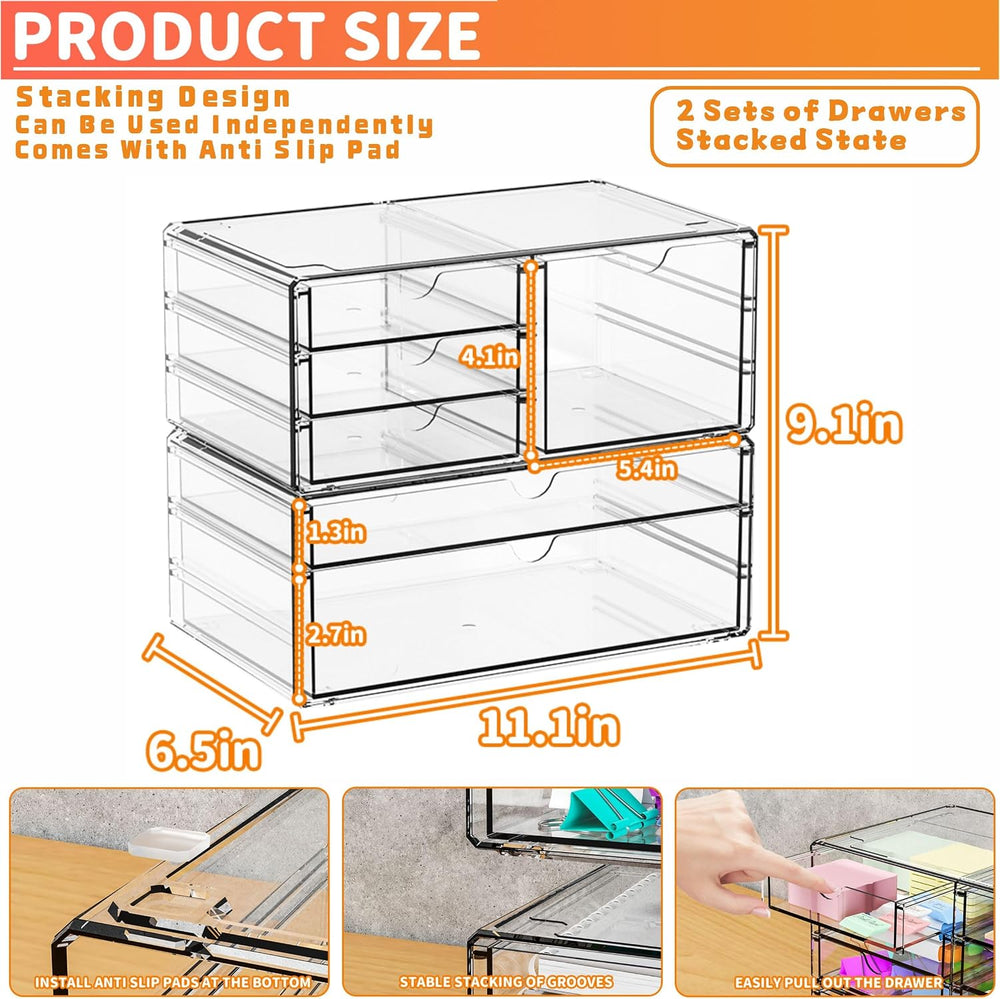 2 Pack Acrylic Drawer Organizer With 6 Drawers,Stackable 11.1” Large Clear St...
